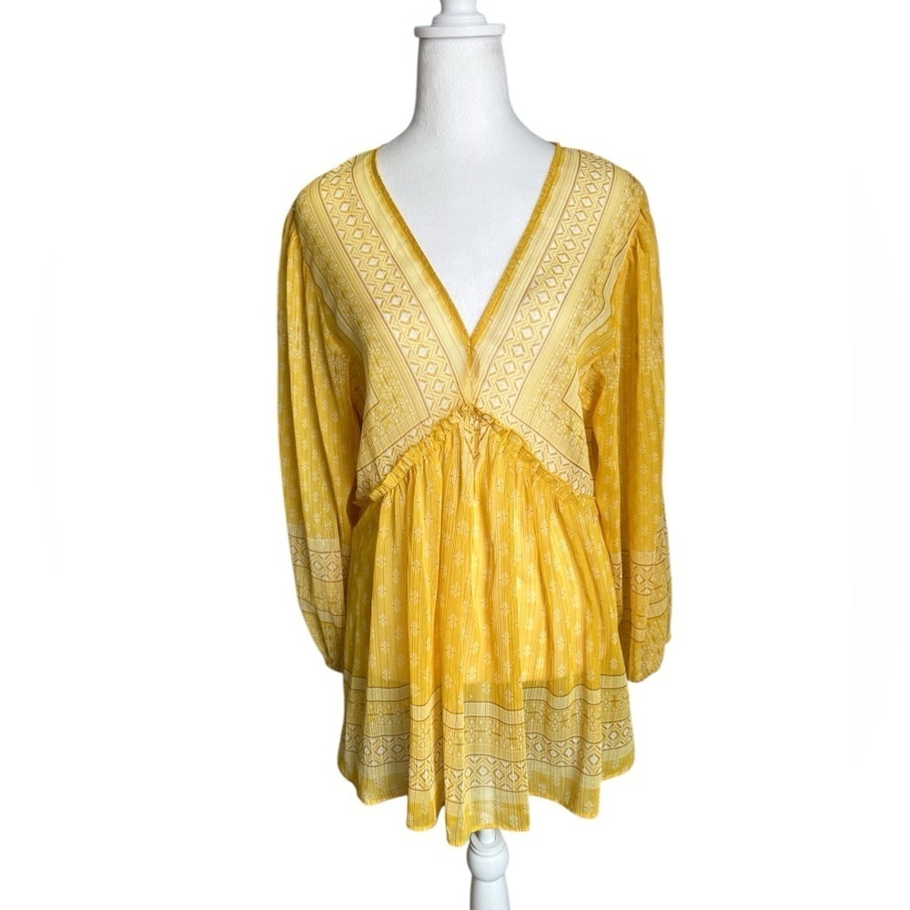 Rose & Olive Sheer Blouse V-neck Boho Tunic Canary Yellow Long Sleeve Top Size M